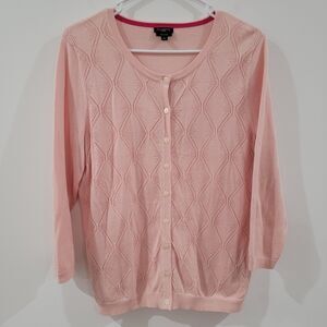 Talbots Womens Cardigan Size Large Petite Pink Pointelle Button Preppy Feminine